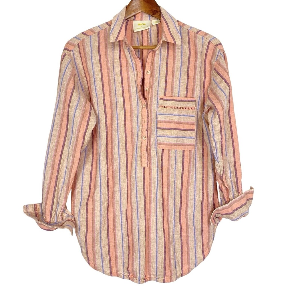 Maeve Anthropologie XS Button Down Shirt Striped Blouse Oversized Preppy Coastal - Picture 2 of 7